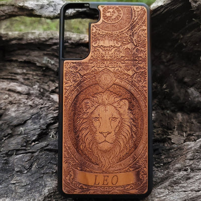 Leo zodiac phone case with laser-engraved lion design on wood