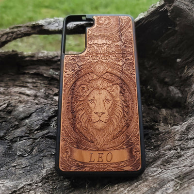 Horoscope wood phone case featuring Leo star sign artwork