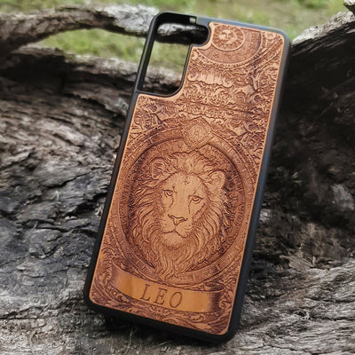 Astrology wood phone case with Leo constellation and lion