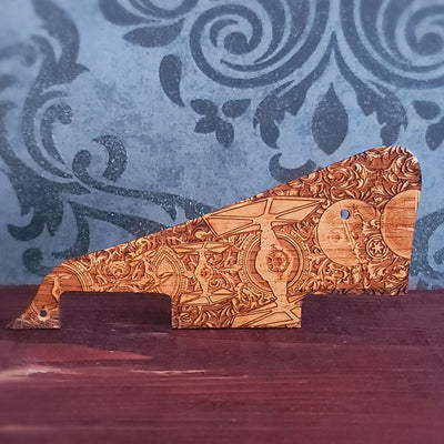 Engraved cherry wood Les Paul style pickguard with detailed sci fi starfighter and space battle artwork