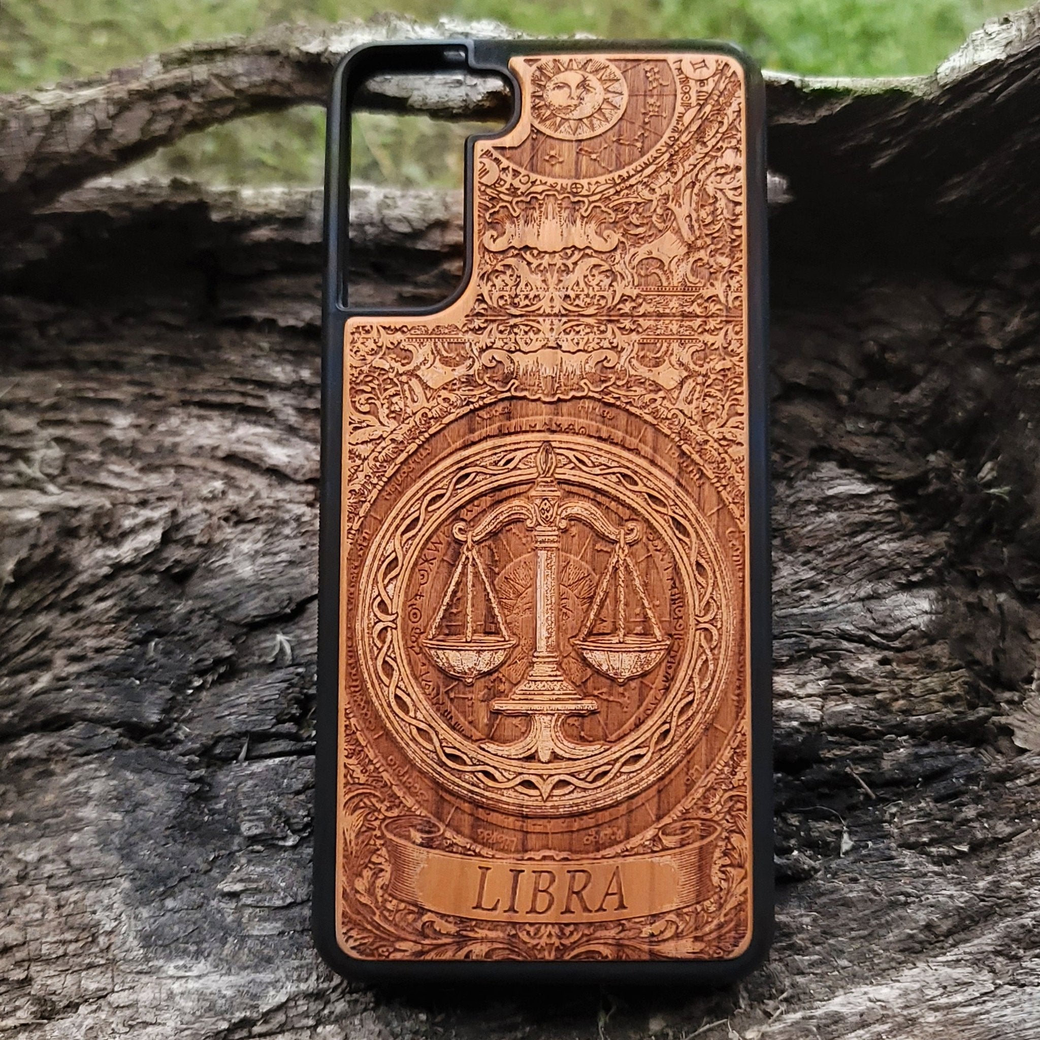 Libra zodiac sign wood phone case engraved with scales symbol