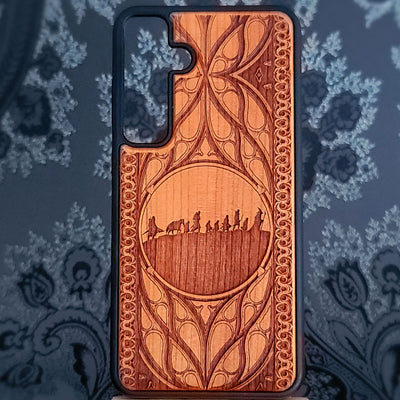 Lord of the Rings wood phone case featuring the Fellowship of the Ring silhouette 