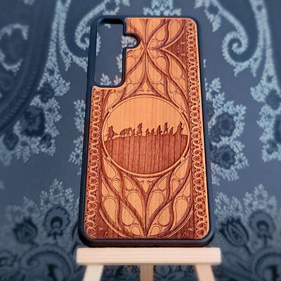 Lord of the Rings wood phone case featuring the Fellowship of the Ring silhouette 