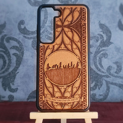 Lord of the Rings Fellowship engraved wood phone case with The Road Goes Ever On design