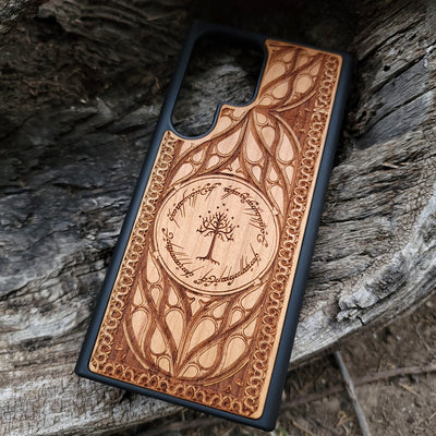 Handcrafted wood phone case with Lord of the Rings engraving, perfect for fans