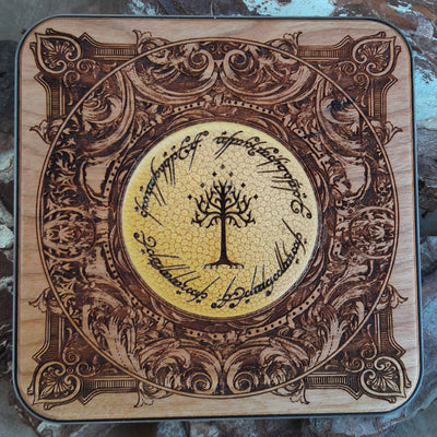 Hand-painted wooden wireless charger featuring Lord of the Rings runes.