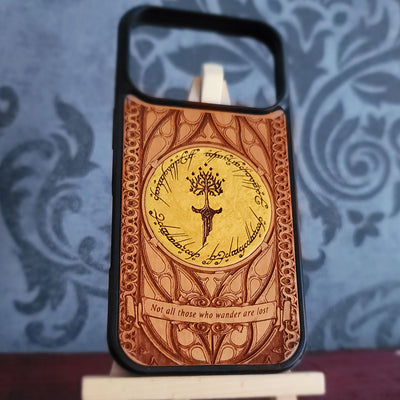 Lord of the Rings wood phone case featuring a stunning laser-engraved Tolkien design with intricate Elvish script and detailed patterns. 