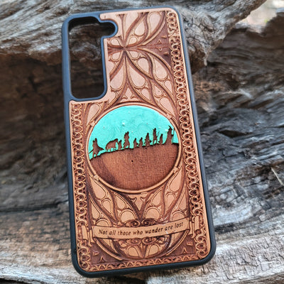 Lord of the Rings Fellowship wood phone case featuring laser-engraved design of the Fellowship of the Ring. Compatible with iPhone , 15, 14, 13, 12, 11 Pro Max Mini, and Samsung Galaxy S, S24, S23, S22, S21, S20 Ultra Plus, Note 20. Unique, stylish, and protective for fans of Middle-Earth.