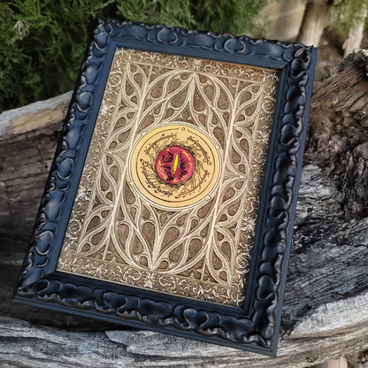 Fantasy wood engraving of the Eye of Sauron, inspired by Lord of the Rings.