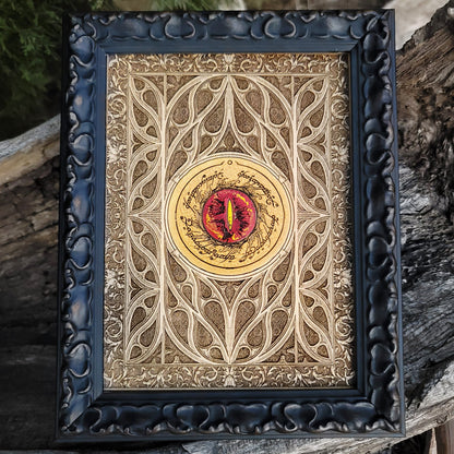 Handcrafted wood art featuring Sauron's Eye from Tolkien’s fantasy world.