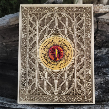 Gothic Lord of the Rings wood wall art with the Eye of Sauron centerpiece.