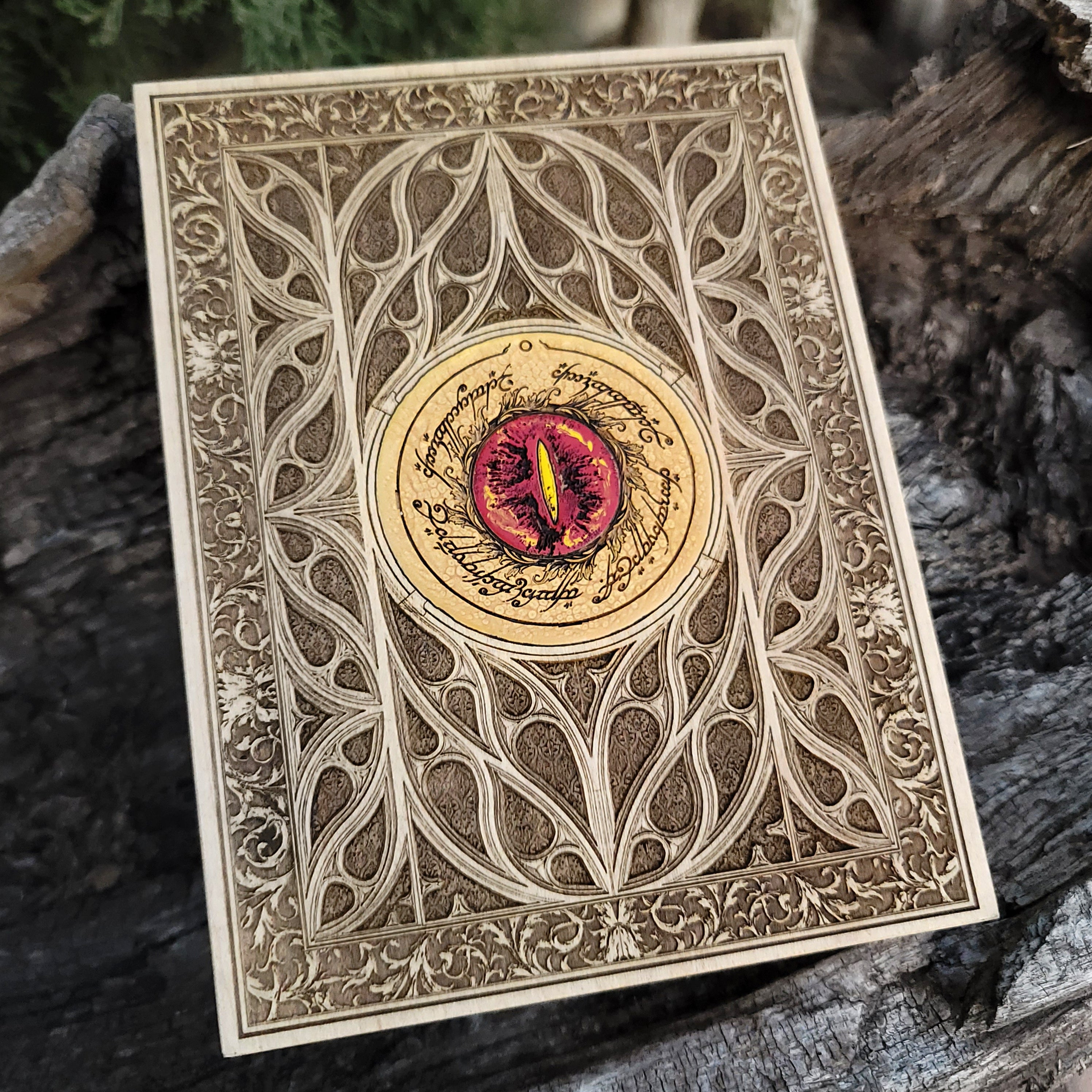Handmade wooden Lord of the Rings artwork, perfect for gothic home decor.