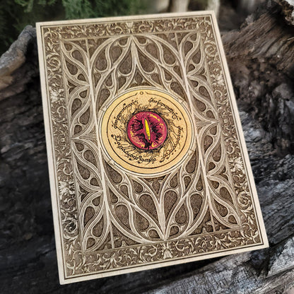 Handmade wooden Lord of the Rings artwork, perfect for gothic home decor.
