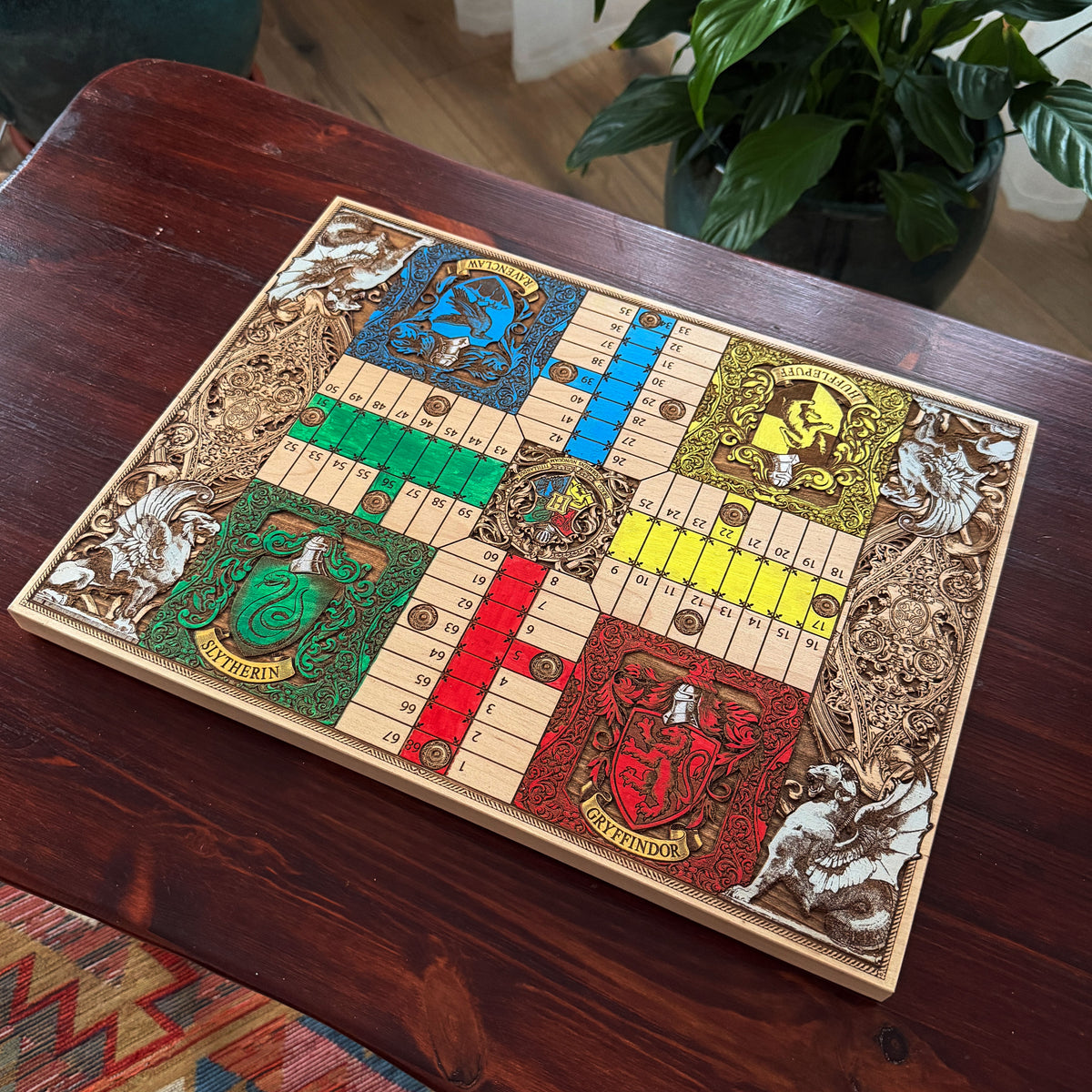 Handcrafted Harry Potter Parcheesi board with Hogwarts crest and four engraved house sections