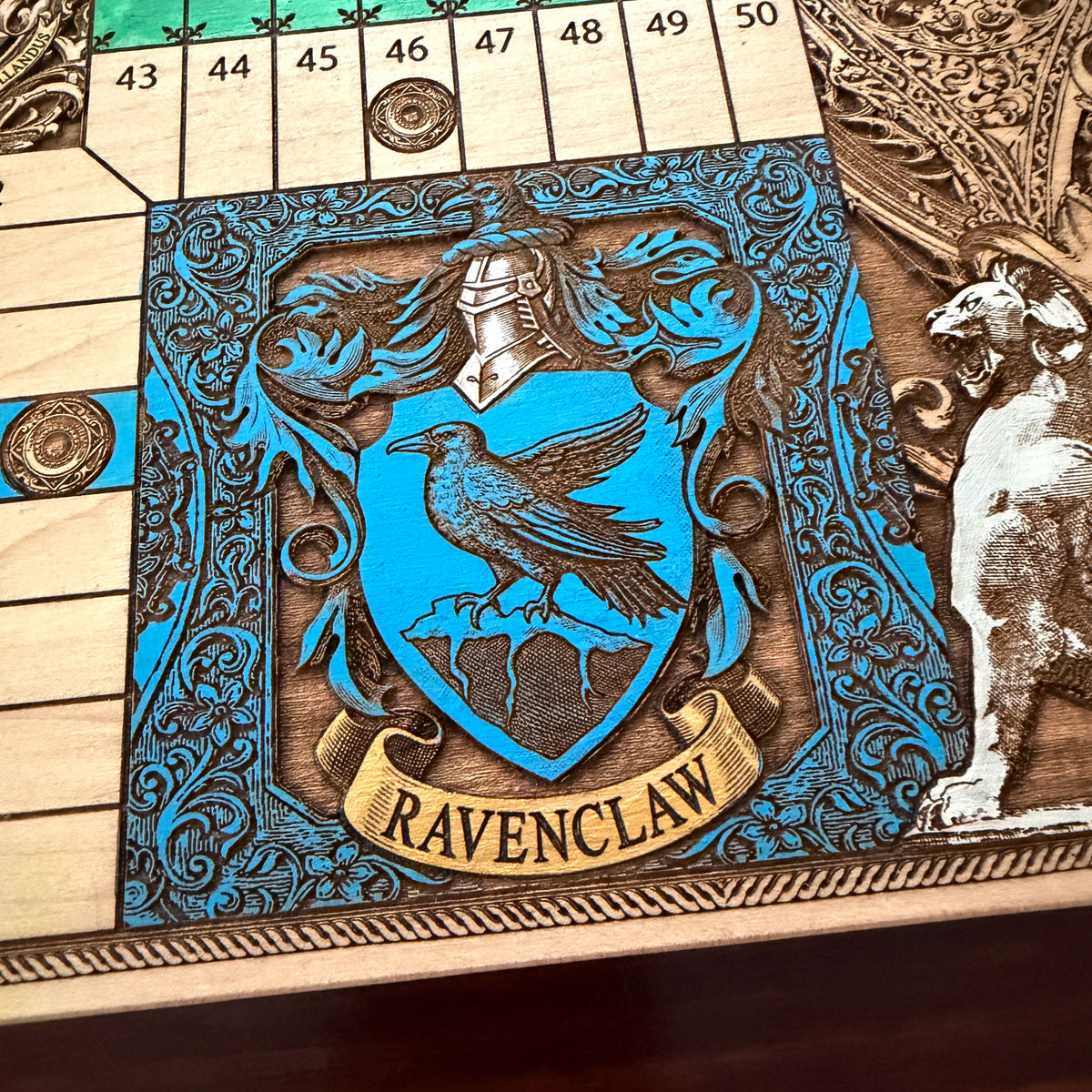 Gryffindor Slytherin Ravenclaw and Hufflepuff wooden game board with hand painted house colors