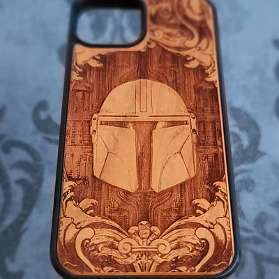 Mandalorian helmet wood phone case, hand-painted and laser engraved design