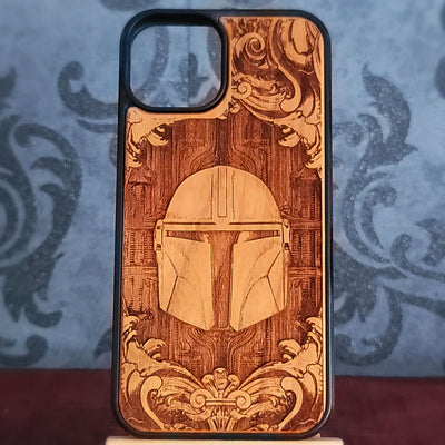 Mandalorian helmet wood phone case, hand-painted and laser engraved design