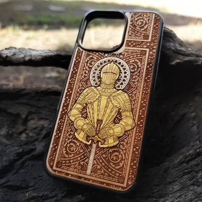 Medieval knight engraved on a wooden phone case, compatible with iPhone  and Samsung Galaxy S.