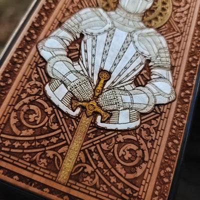 Medieval armor wooden phone case, hand-painted in a stained-glass style on cherrywood. Compatible with iPhone -11 Pro Max, Galaxy S-S20. Gothic and medieval art-inspired phone case.