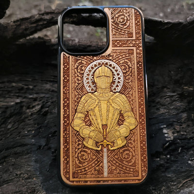 Medieval knight engraved on a wooden phone case, compatible with iPhone  and Samsung Galaxy S.