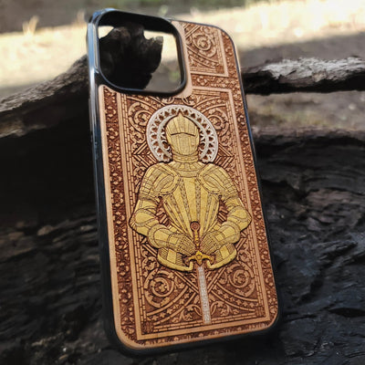 Medieval knight engraved on a wooden phone case, compatible with iPhone  and Samsung Galaxy S.