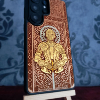 Medieval knight engraved on a wooden phone case, compatible with iPhone  and Samsung Galaxy S.