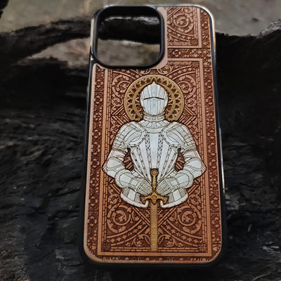 Medieval armor wooden phone case, hand-painted in a stained-glass style on cherrywood. Compatible with iPhone -11 Pro Max, Galaxy S-S20. Gothic and medieval art-inspired phone case.