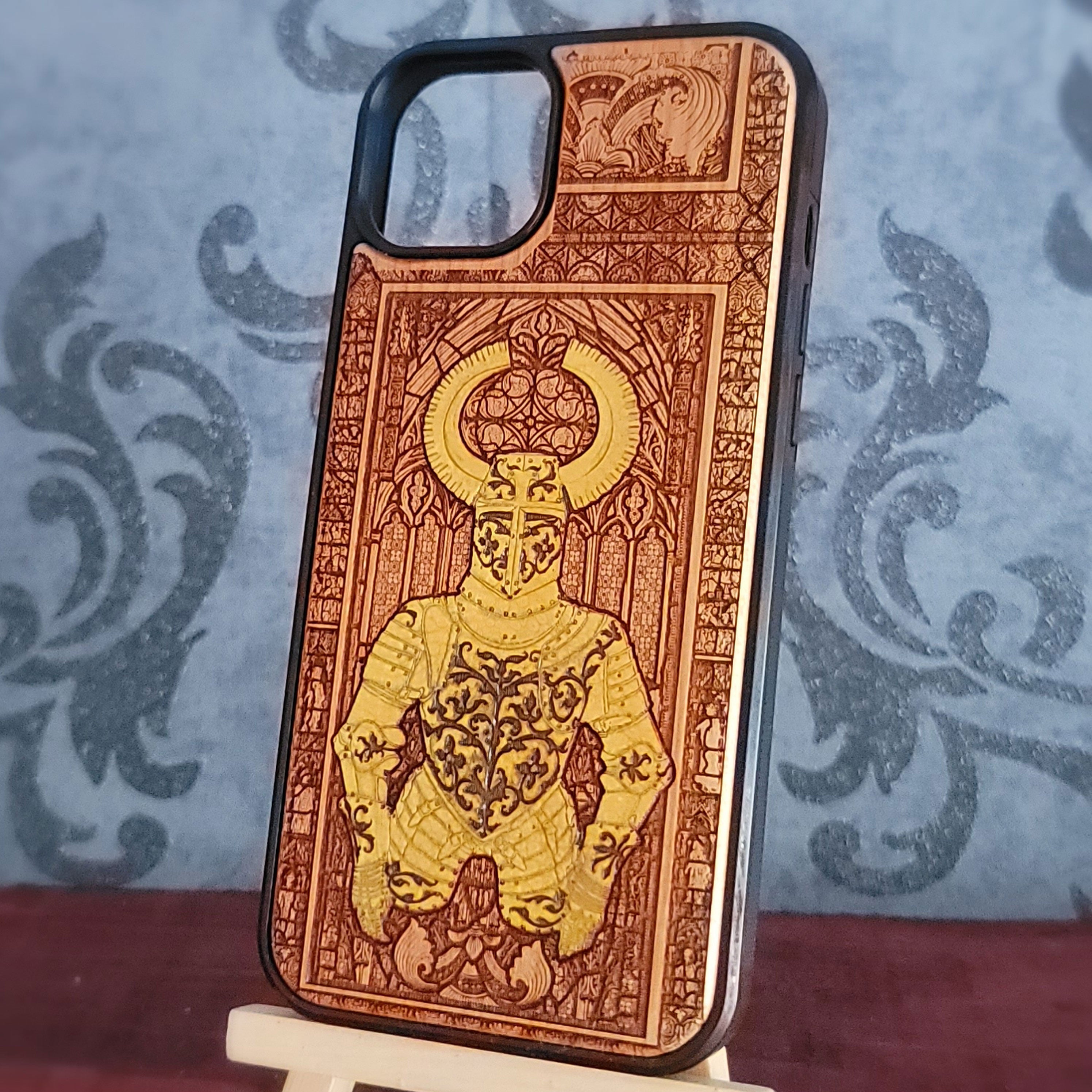 A phone case with a dark brown engraved wood-grain pattern featuring a golden knight in armor and a halo,