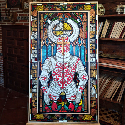 Sacred Armor medieval knight wall art made from four laser engraved and hand painted maple wood panels with cherry wood details and colorful vitreous paint, inspired by Gothic stained glass.