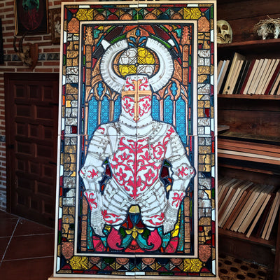 Sacred Armor medieval knight wall art made from four laser engraved and hand painted maple wood panels with cherry wood details and colorful vitreous paint, inspired by Gothic stained glass.
