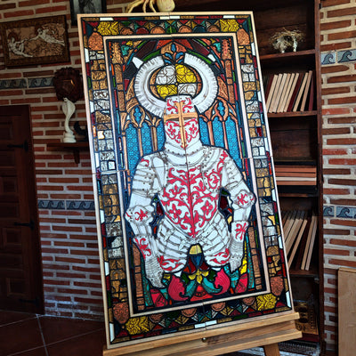 Sacred Armor medieval knight wall art made from four laser engraved and hand painted maple wood panels with cherry wood details and colorful vitreous paint, inspired by Gothic stained glass.
