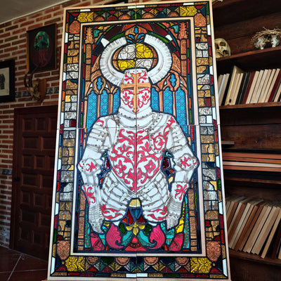 Sacred Armor medieval knight wall art made from four laser engraved and hand painted maple wood panels with cherry wood details and colorful vitreous paint, inspired by Gothic stained glass.