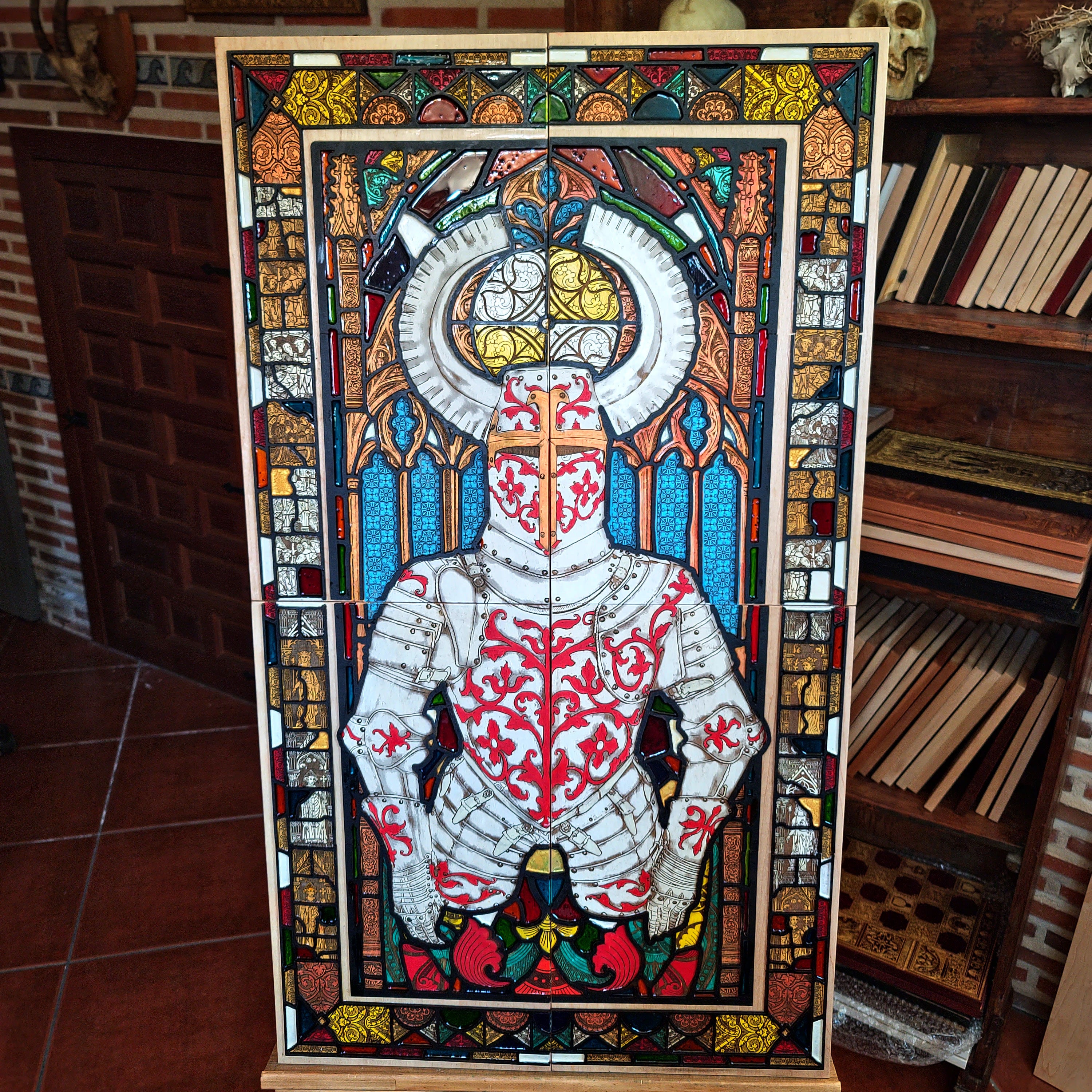 Sacred Armor medieval knight wall art made from four laser engraved and hand painted maple wood panels with cherry wood details and colorful vitreous paint, inspired by Gothic stained glass.