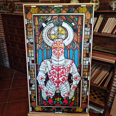 Sacred Armor medieval knight wall art made from four laser engraved and hand painted maple wood panels with cherry wood details and colorful vitreous paint, inspired by Gothic stained glass.