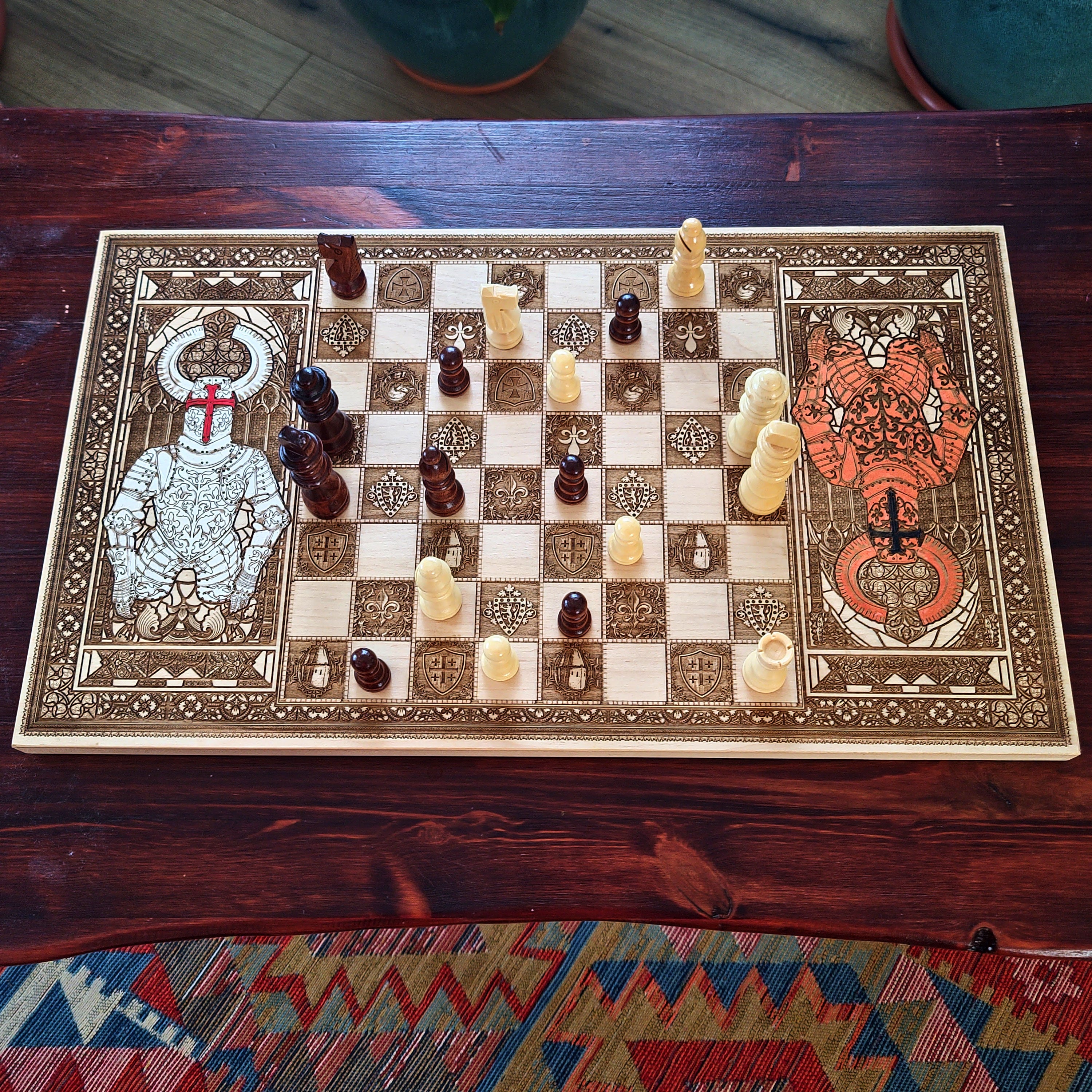 Medieval wooden chess set with laser engraved chess board, knight armor, heraldic shields and hand painted details