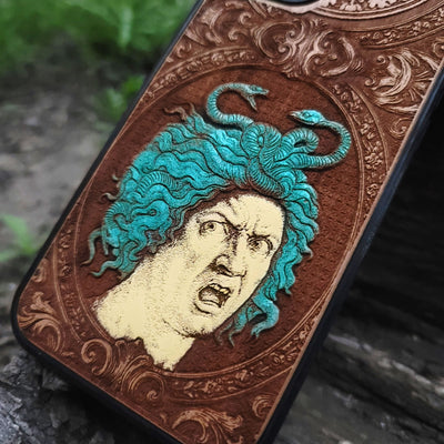 Engraved Medusa face phone cover iPhone  wood horror art