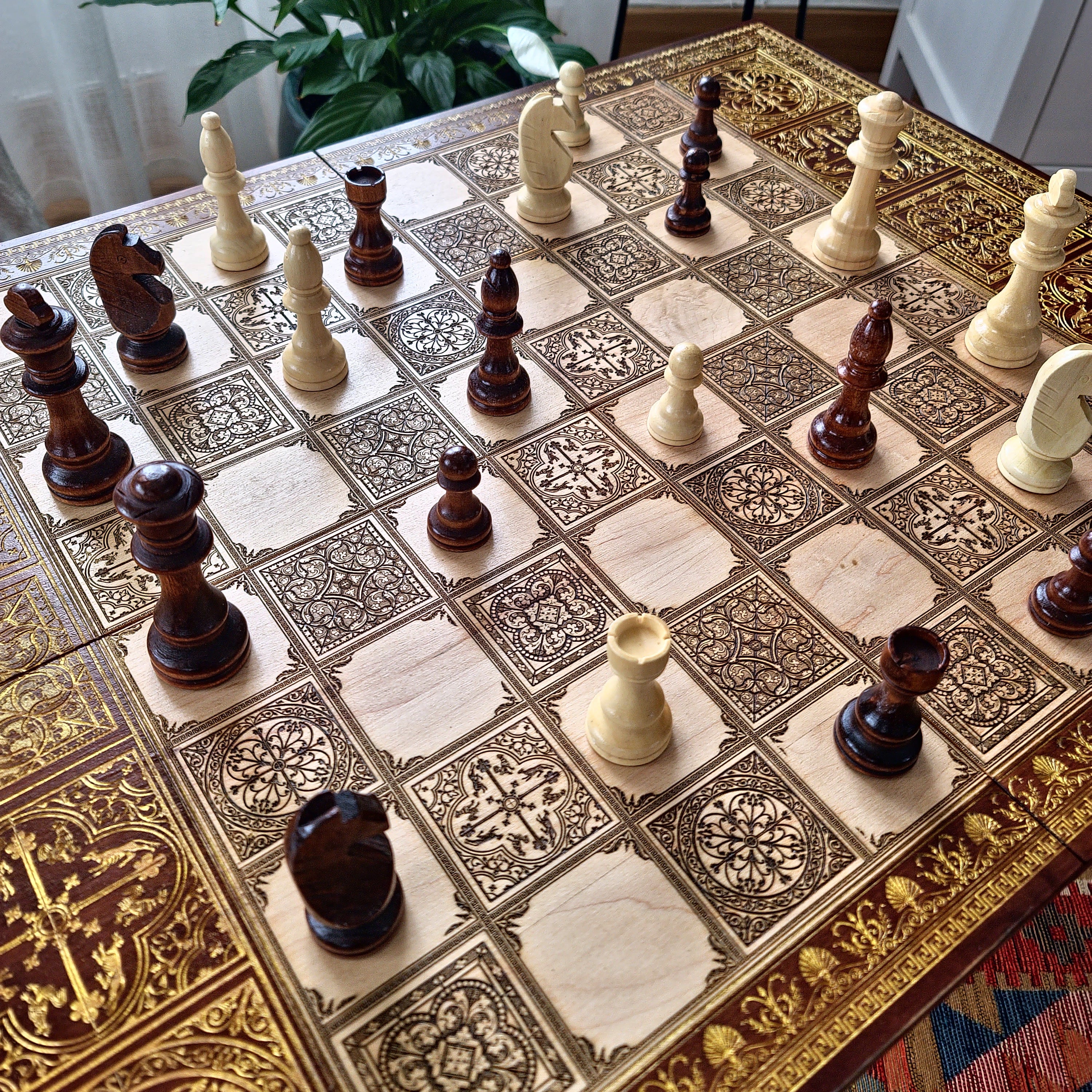 Handcrafted engraved wooden chessboard displayed as luxury wall decor in a game room interior