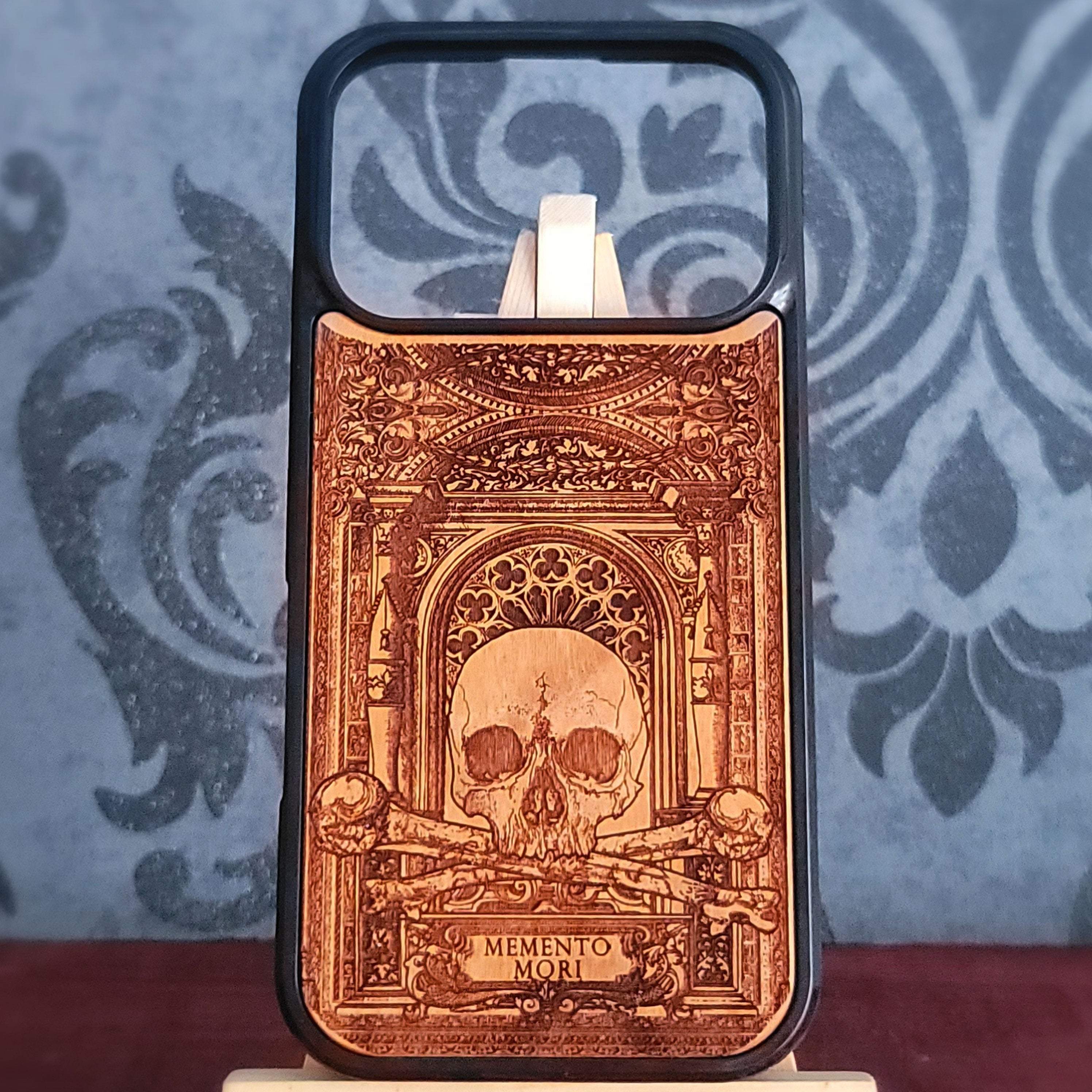 Memento Mori gothic skull engraved wood phone case with crossed bones and ornate architectural design
