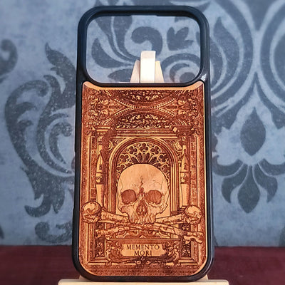 Memento Mori gothic skull engraved wood phone case with crossed bones and ornate architectural design