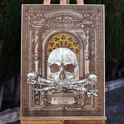 Engraved wooden Memento Mori artwork featuring skulls and intricate gothic details. A unique macabre decor piece for dark aesthetic lovers.