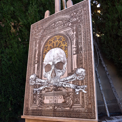 Custom Memento Mori wooden wall art with skull engravings, an eye-catching gothic and spooky decor piece for lovers of the dark aesthetic.