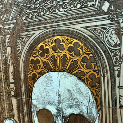 Gothic engraved wood art – gothic art, engraved wood, dark fantasy, skeleton design, artisan crafted