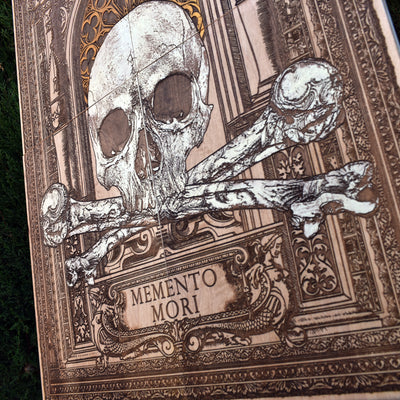 Gothic engraved wood art – gothic art, engraved wood, dark fantasy, skeleton design, artisan crafted