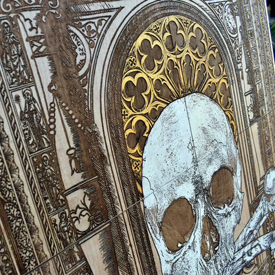 Gothic engraved wood art – gothic art, engraved wood, dark fantasy, skeleton design, artisan crafted