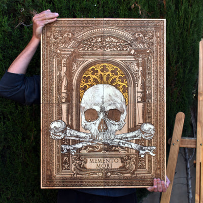 Handcrafted wooden skull art with Memento Mori symbolism, perfect for gothic wall decor, horror art enthusiasts, and spooky home interiors.
