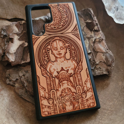 Metropolis wooden phone case with intricate Art Deco design, laser-engraved for iPhone , iPhone 15, Galaxy S, Note 20, and more. A unique accessory for fans of classic films and vintage style.