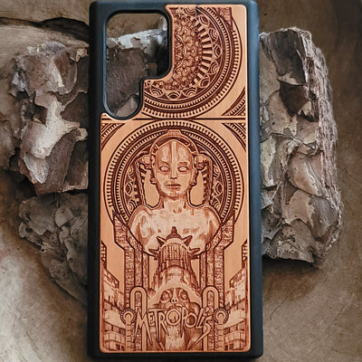 Metropolis wooden phone case with intricate Art Deco design, laser-engraved for iPhone , iPhone 15, Galaxy S, Note 20, and more. A unique accessory for fans of classic films and vintage style.