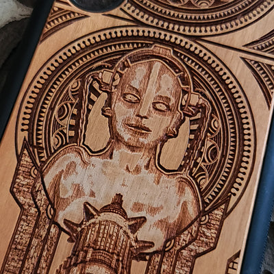 Metropolis wooden phone case with intricate Art Deco design, laser-engraved for iPhone , iPhone 15, Galaxy S, Note 20, and more. A unique accessory for fans of classic films and vintage style.
