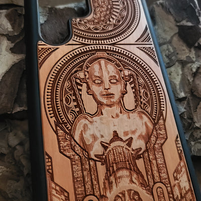 Metropolis wooden phone case with intricate Art Deco design, laser-engraved for iPhone , iPhone 15, Galaxy S, Note 20, and more. A unique accessory for fans of classic films and vintage style.