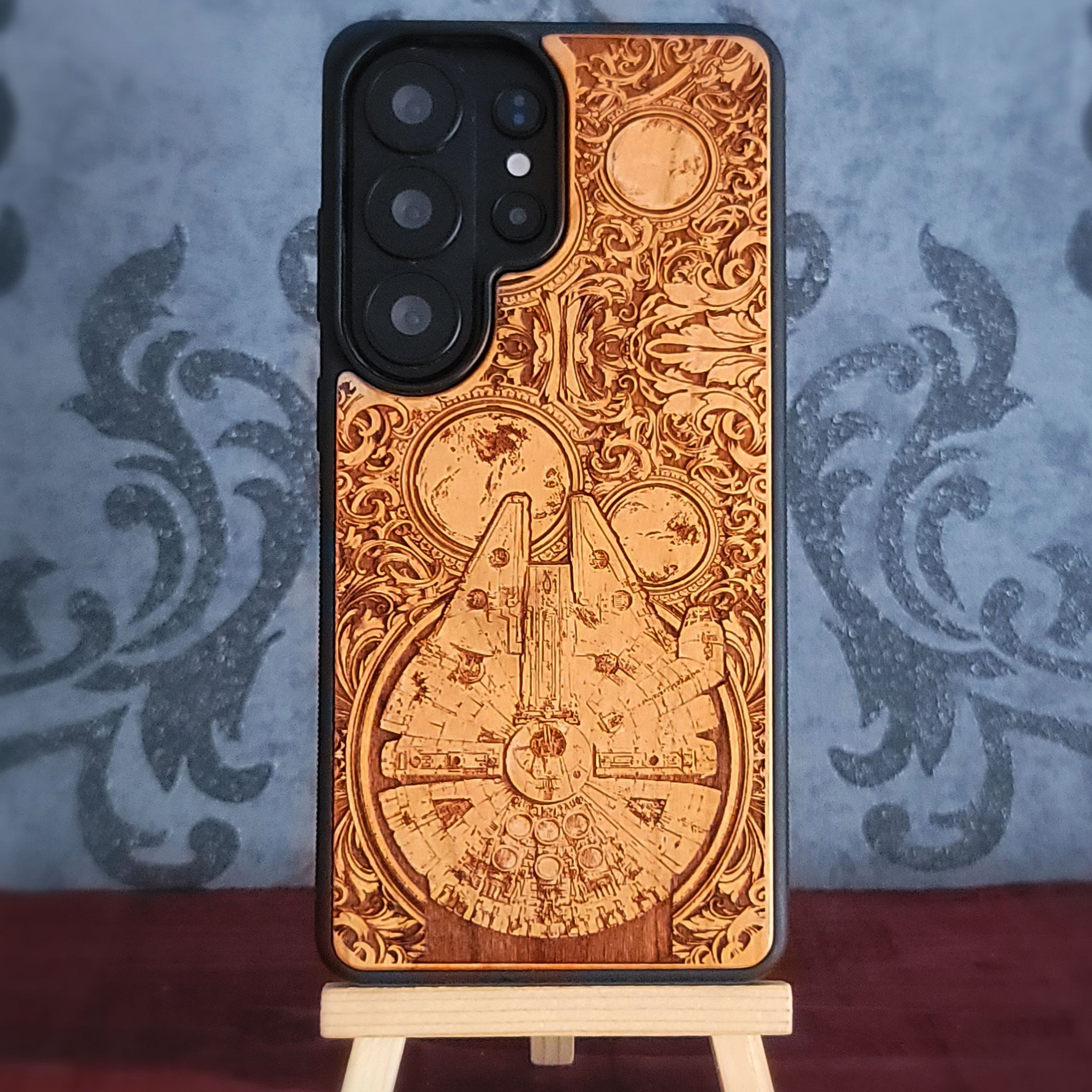 star wars wood phone case featuring the millennium falcon ship